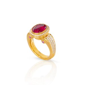 Ring "Volute" 750 Gelbgold mit einem Rubellit, Brillanten und pink Saphircabochons