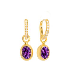 Klappcreolen 750 Gelbgold „Wiener Brisur“ mit Brillanten klein und Amethyst Einhängern