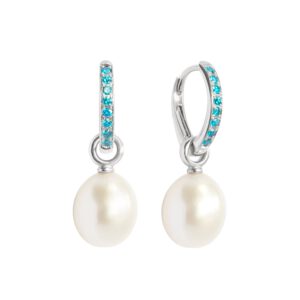 Klappcreolen "Wiener Brisur" 750 Weißgold mit oceanblue Brillanten und Perleinhängern