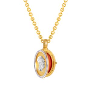 Medaillon "Athene", 750 Gelbgold mit Brillanten und Korallcabochon