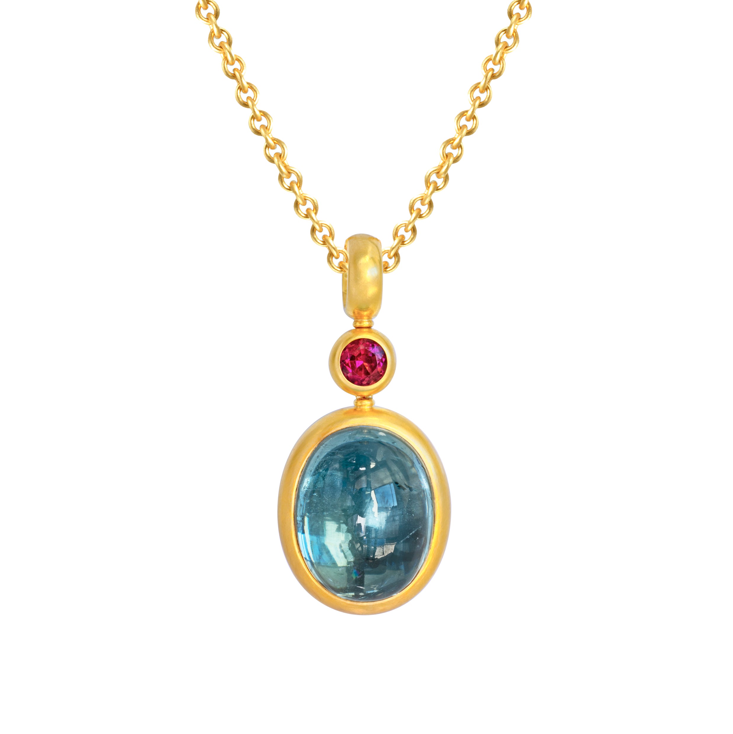 Anhänger 750 Gelbgold mit rosa Turmalin und Aquamarin Cabochon