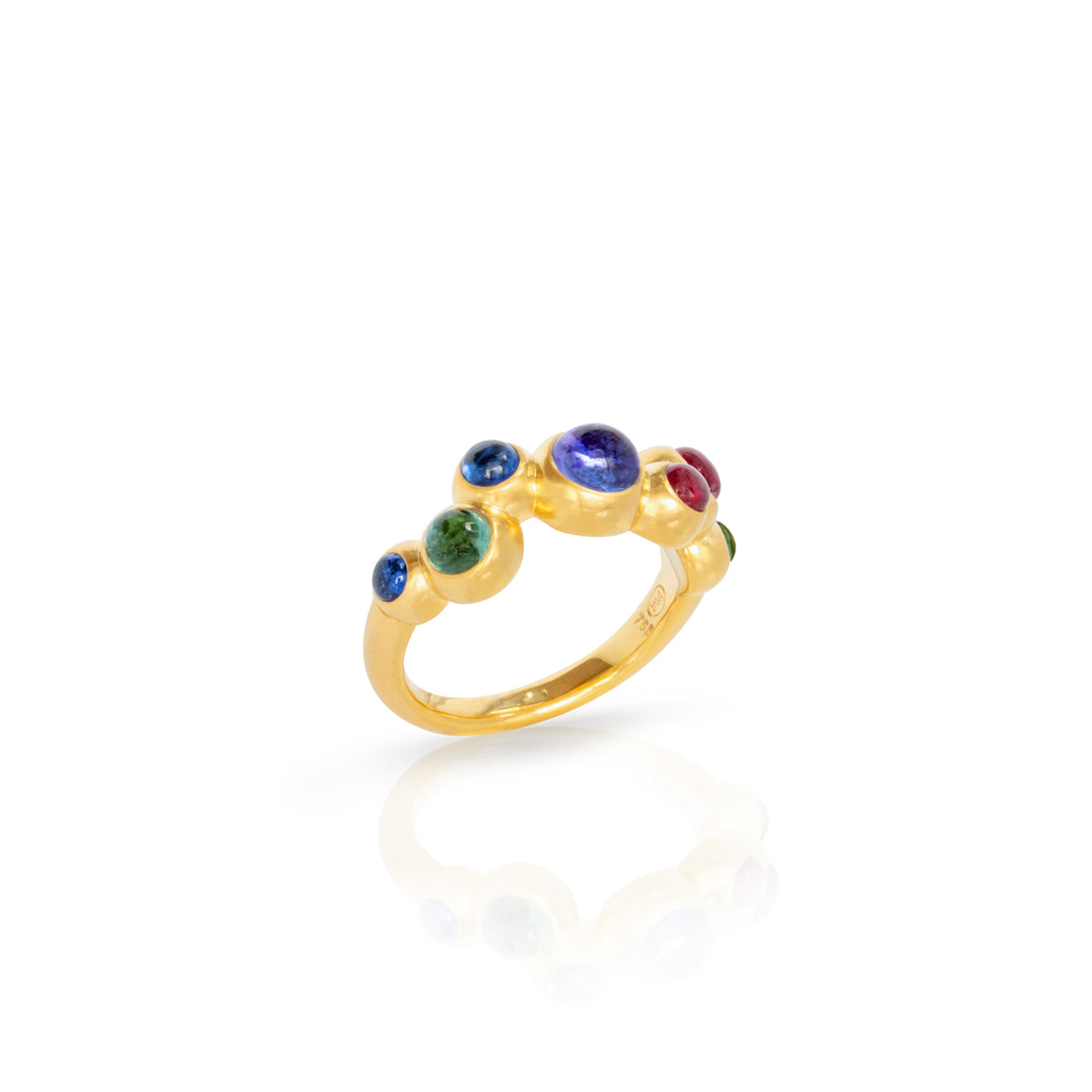 Ring 750 Gelbgold mit Tansanit, Turmalin und Saphiren im Cabochon Schliff