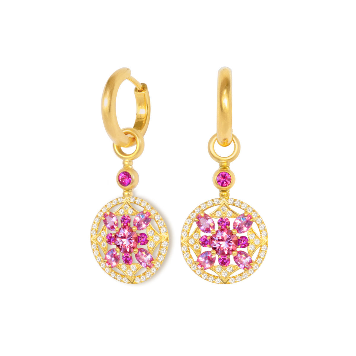 Ohrschmuck Set Creolen mit Einhängern "Kirschblüte" 750 Gelbgold mit Brillanten und pink Saphiren