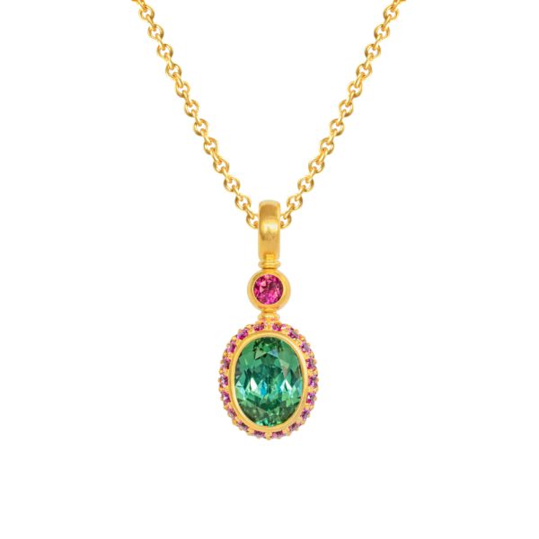 Anhänger 750 Gelbgold mit grünem Turmalin, Rubellit und pink Saphiren