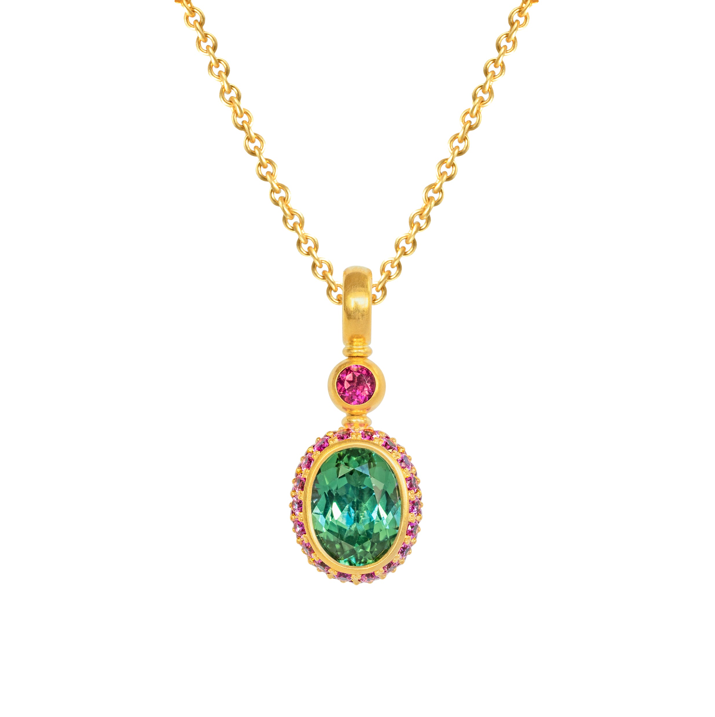 Anhänger 750 Gelbgold mit grünem Turmalin, Rubellit und pink Saphiren
