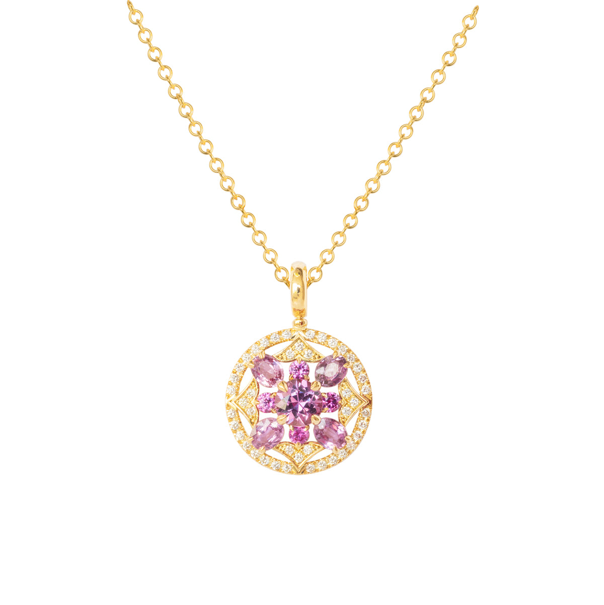 Anhänger "Kirschblüte" 750 Gelbgold mit Brillanten und pink Saphiren