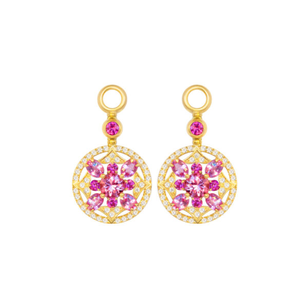 Einhänger für Creolen "Kirschblüte" 750 Gelbgold mit Brillanten und pink Saphiren