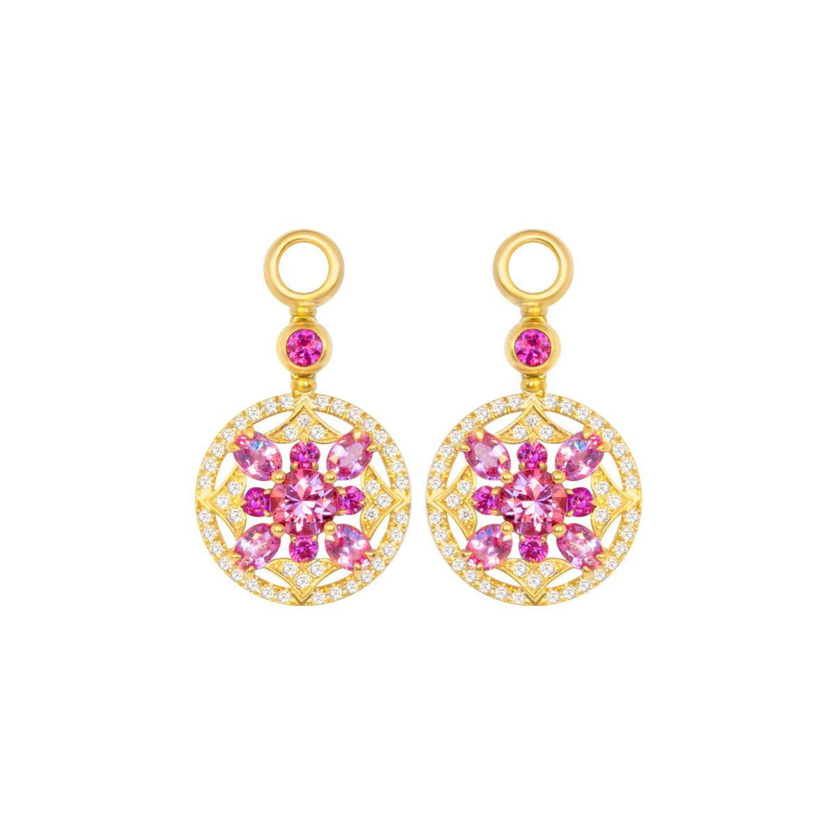 Einhänger für Creolen "Kirschblüte" 750 Gelbgold mit Brillanten und pink Saphiren